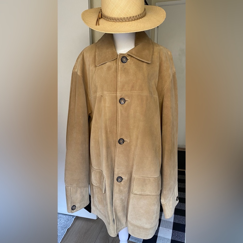 Vtg AM Studio soft Suede tan Barn Chord Coat utility Jacket mid length 42